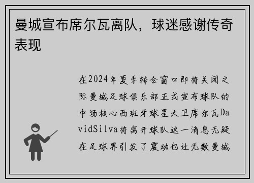 曼城宣布席尔瓦离队，球迷感谢传奇表现
